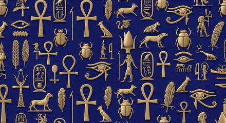 Golden ancient symbols featuring stylized hieroglyphics creating a textured background pattern