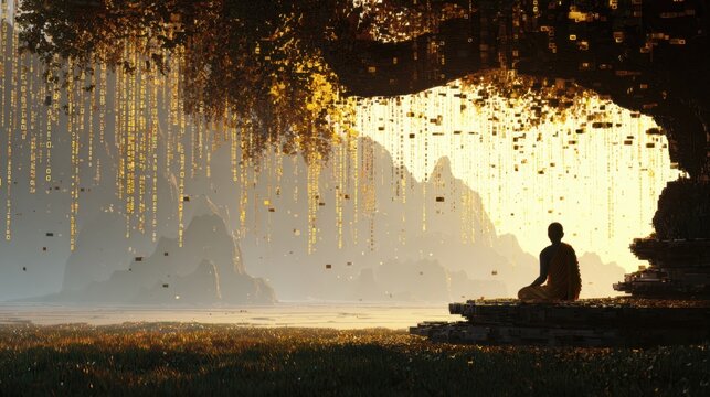 Meditating Person in a Surreal Digital Environment with Falling Data Blocks and Mountains