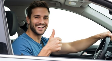 Happy man giving thumbs up while driving a car with a big smile
