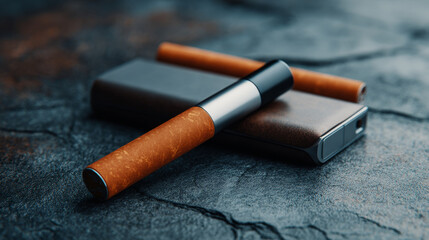 Electronic cigarette technology featuring the IQOS tobacco-heating system. Close-up of an electric hybrid cigarette with a heating pad. Modern heated-tobacco device. Electronic cigarette mockup.
