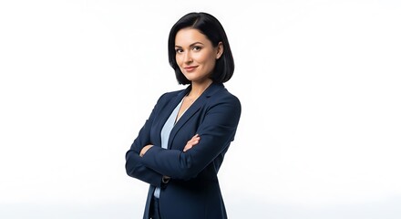 Confident businesswoman in a navy blue suit with arms crossed, smiling at the camera