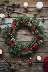 Handcrafted holiday wreath made of pine branches, red berries, and pinecones, surrounded by candles, scissors, and festive decor.