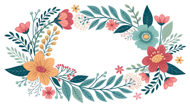 Charming floral wreath with vibrant blossoms, perfect for invitations, cards, and spring designs to add a touch of elegance and natural beauty to projects