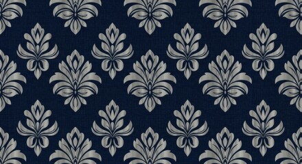 Ornate silver floral motif repeats seamlessly across a deep blue textured background