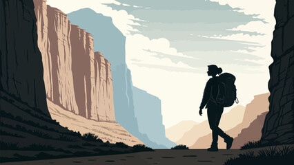 Stunning silhouette of a hiker exploring a monumental canyon landscape, perfect for travel, adventure, and outdoor lifestyle campaigns, originally a vector graphic