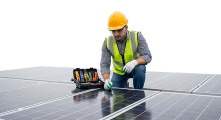 Solar panel technician inspecting photovoltaic cells on a rooftop installation