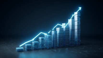 Glowing neon blue arrow graph ascending through futuristic cityscape symbolizing growth and success