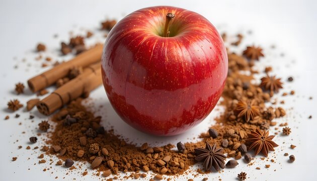 A red apple surrounded by cinnamon sticks, star anise, and ground cinnamon isolated on white background.apple chai