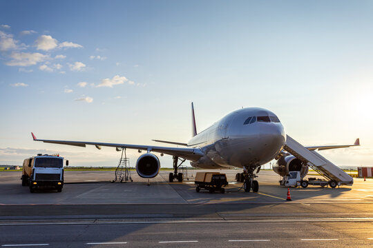 Wide body passenger airliner with boarding ramp at the airport. Airfield tanker refueling an aircraft
