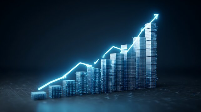 Glowing neon blue arrow graph ascending through futuristic cityscape symbolizing growth and success