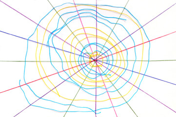 Colorful knitting threads in a shape of a spider web
