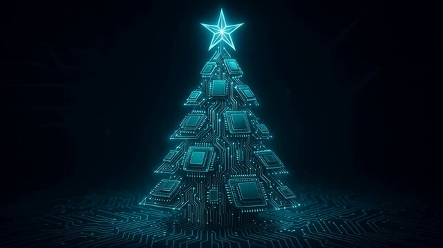 Circuit board art forming a tree shape, illuminated with blue light. Conceptual design for holiday season technology. Lockdown shot.