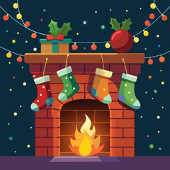 Christmas stockings hung on a festive brick fireplace