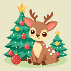 Adorable baby reindeer sitting next to a decorated christmas tree
