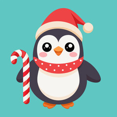 Cute penguin wearing a christmas hat holding a candy cane