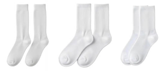 White Socks Variety Pack PNG. Collection of various white sock styles including crew and ankle, isolated for diverse apparel and fashion projects isolated. White sock top view flat lay PNG
