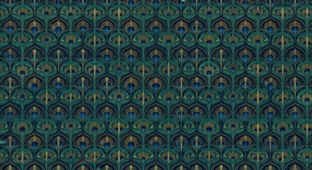 Ornate, repeating pattern featuring stylized feather or eye motifs in deep teal and gold tones