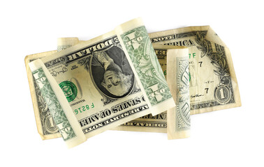 American dollar bills, paper money banknotes isolated on white background, top view