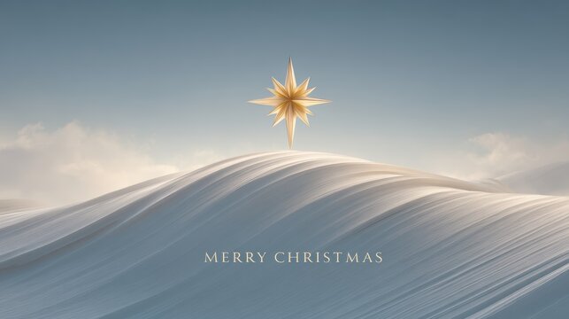 Christmas star over abstract winter landscape with Merry Christmas greeting