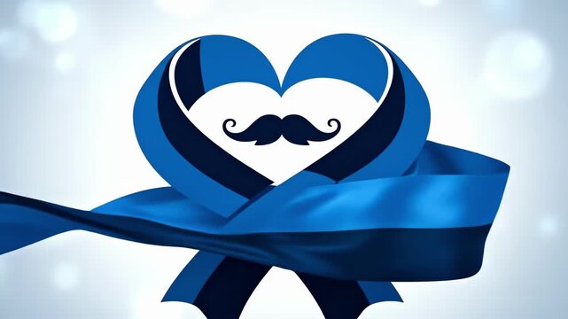 Blue awareness ribbon forming a heart and mustache. Prostate cancer support and men's health concept. Charitable campaign design.