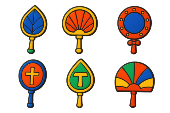 Set of six different shaped fans, each with a different color and design