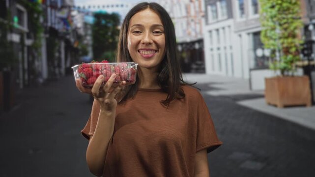 Young hispanic brunette woman puckers lips while holding a plastic clamshell of strawberries on a city street with shops and planters; playful summer snack.