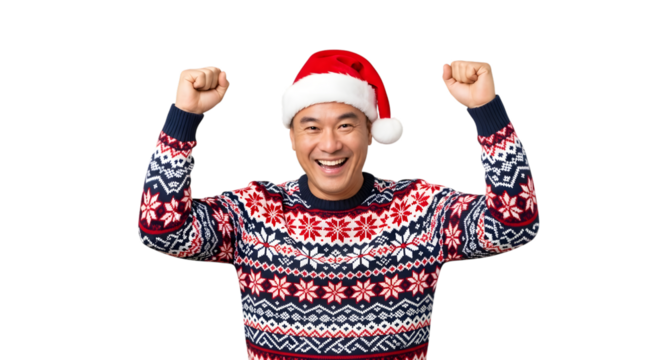 Man wearing a festive Christmas sweater and Santa hat with arms raised in celebration isolated on a transparent background - Powered by Adobe