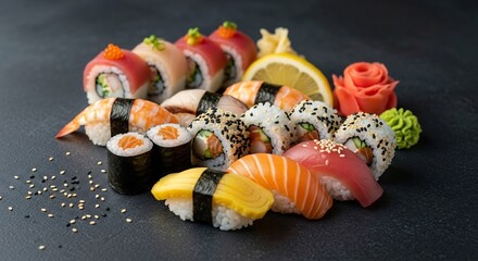 Assortment of sushi and sashimi arranged on a dark surface