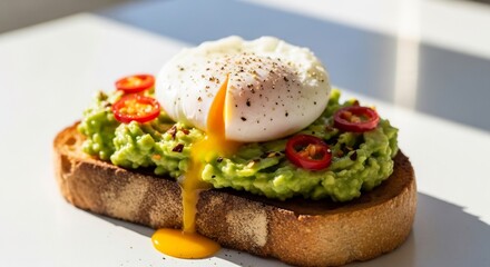 Avocado toast with a poached egg and chili slices