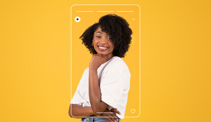 A young woman poses with a joyful expression against a vibrant yellow background. Her light outfit and relaxed pose create a cheerful atmosphere. The collage effect adds a modern touch to the scene.
