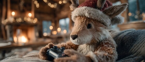 Obraz premium A cute reindeer wearing a Santa hat and holding a game controller inside a cozy cabin, warm firelight and Christmas bokeh creating a funny holiday scene with copy space.