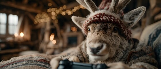 Naklejka premium A cute reindeer wearing a Santa hat and holding a game controller inside a cozy cabin, warm firelight and Christmas bokeh creating a funny holiday scene with copy space.