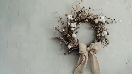 Elegant holiday wreath made of frosted branches, cotton stems, and a large linen bow, hung on a textured neutral wall.