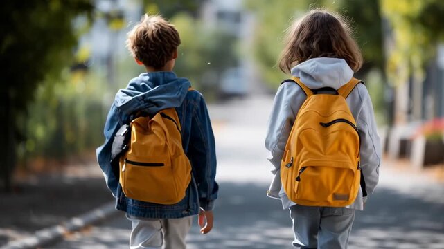 Two children walking down a street with backpacks. One of the backpacks is yellow. Scene is lighthearted and playful