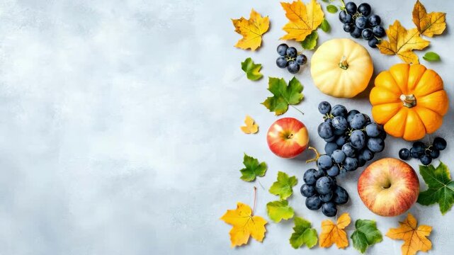 Autumn harvest flat lay with pumpkin and apple on gray background. Thanksgiving and Halloween concept for banner.