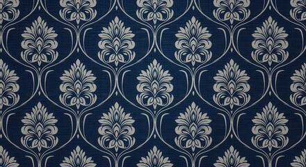 Ornate damask pattern repeats across a textured dark blue background surface