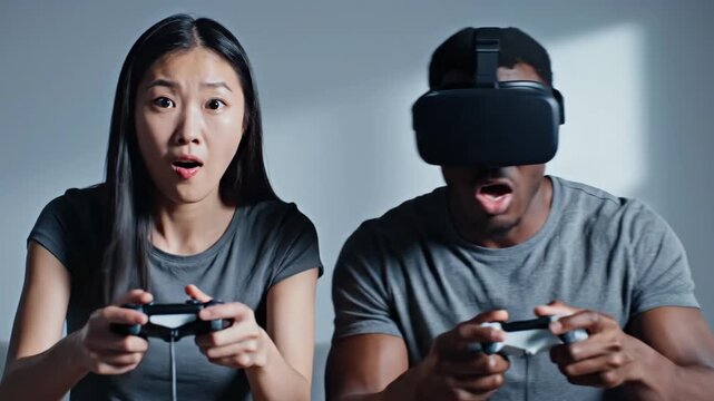 Diverse couple playing video games with VR headset, reacting with surprise