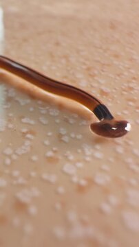 Vertical video. Hammerhead Flatworm Crawling on Glossy Floor in Warm Light, Macro Shot from Low Angle Highlighting Stripes and Head Shape, Exotic Invertebrate Concept