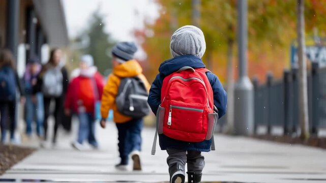 Two children wearing backpacks are walking down a sidewalk. The children are wearing winter coats and hats
