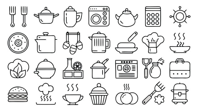 A set of cooking line icons, including utensils, ingredients, and appliances, illustrating various culinary activities..eps