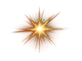 Golden Starburst with Lens Flares and Glitter Particles on Transparent Surface, Ideal for Highlighting Key Elements and Adding a Touch of Sophistication to Creative Projects
