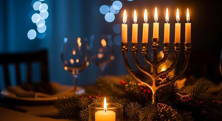 Photo of a hanukkah menorah with lit candles sits on a table with festive decorations and a glass of wine, evoking a warm holiday atmosphere
