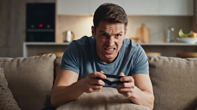 Caucasian man playing video games intensely at home