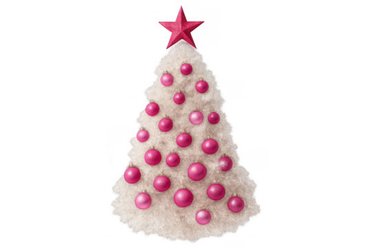 Fluffy pink and white christmas tree decorating for holiday celebration, star topper, festive season design
