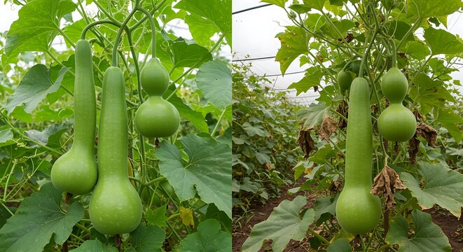 Calabash gourds growing on vines plant vegetable crop agricultur