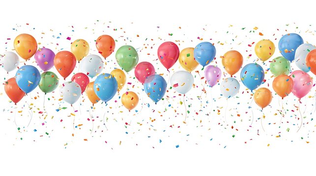 A vibrant celebration of colorful balloons floating upwards amidst a shower of confetti