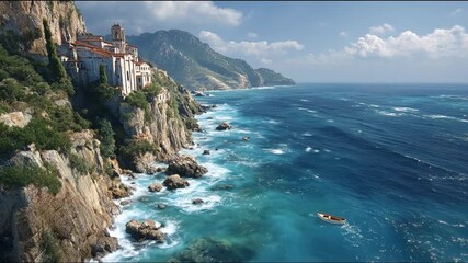 Coastal cliffside village overlooking the ocean scenic landscape day