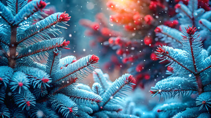 Red snow fall in winter forest. Christmas new year magic. Blue spruce fir tree branches detail. Banner image	