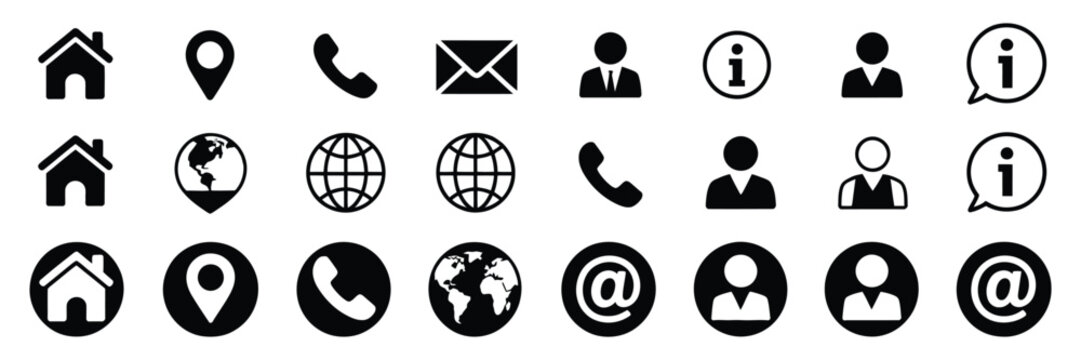 communication and contact vector icons pack showing email, address, phone, message, website, and location symbols, designed in clean flat line and solid styles for modern branding, interfaces, and bus