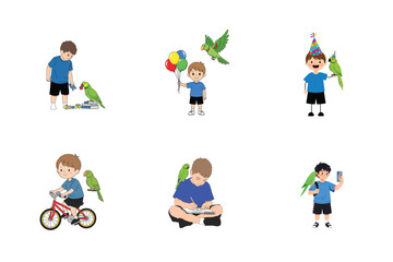 Fototapeta premium Children interacting with parrots in various fun activities